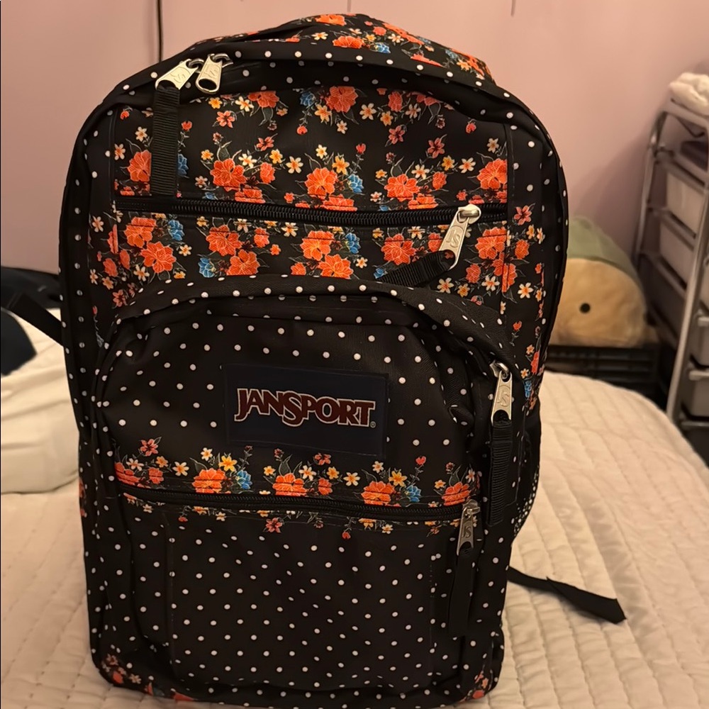 Jansport Black Backpack with Orange Floral and White Polka Dots